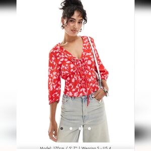 MANGO  tie front floral top in red and pink
